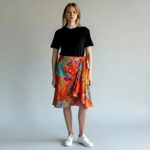 Lauren Ralph Lauren 100% Silk Paisley Wrap Skirt Ruffle Boho Colorful Size L